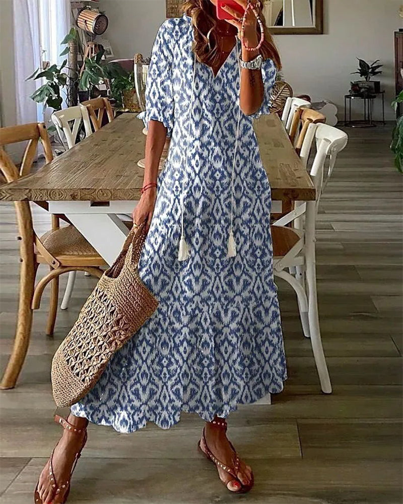 BARILA - V-Neck Geometric Print Maxi Dress