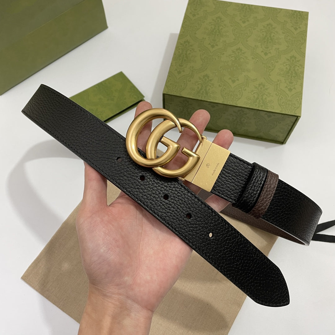 DOUBLE G GOLD BUCKLE 38MM BLACK BROWN LEATHER