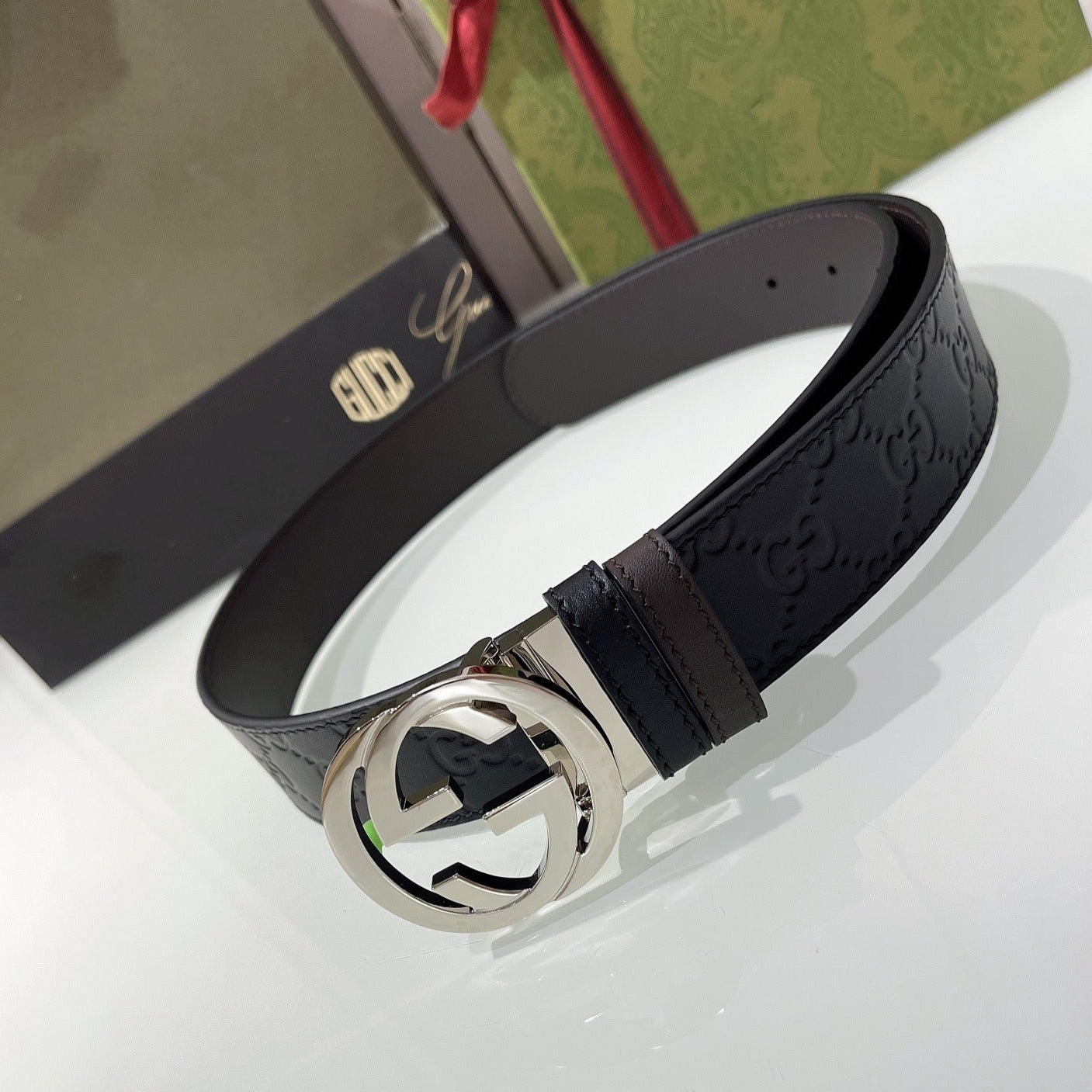 INTERLOCKING G SILVER BUCKLE 37MM BLACK BROWN LEATHER