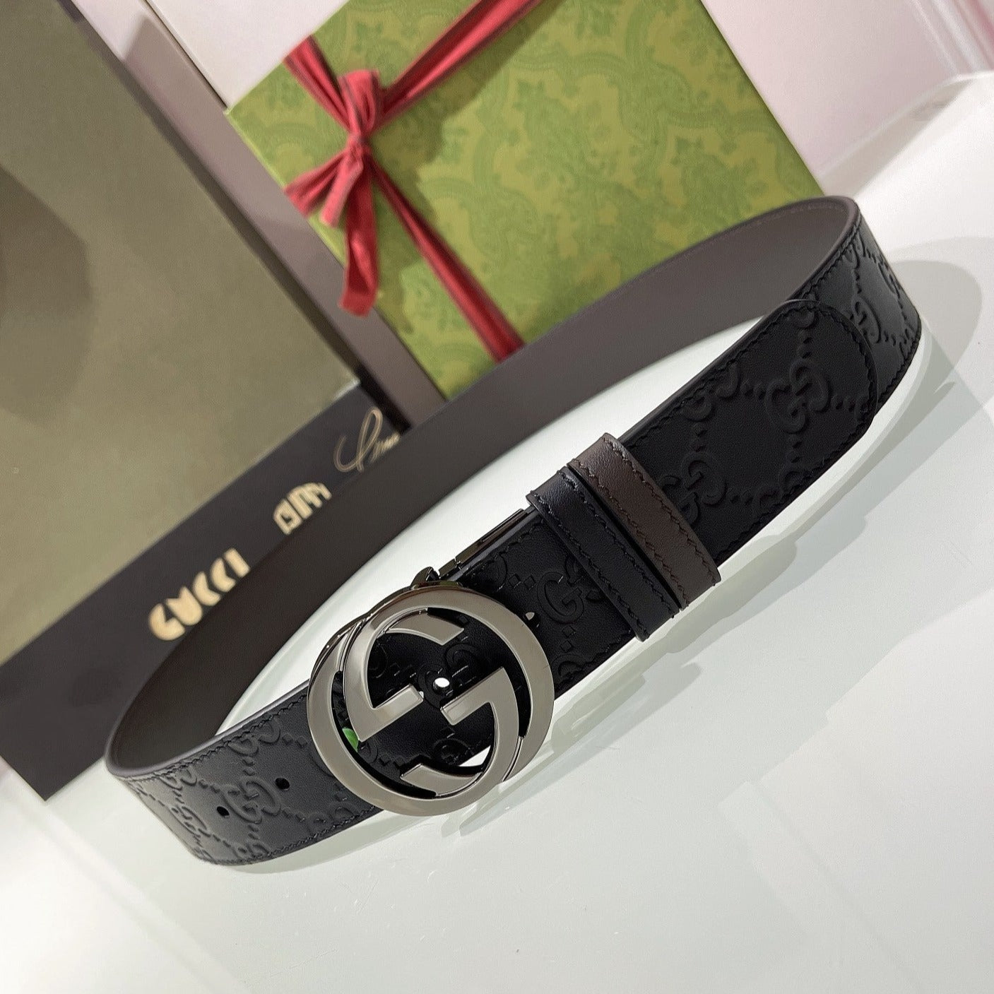 INTERLOCKING G GREY BUCKLE 37MM BLACK BROWN LEATHER