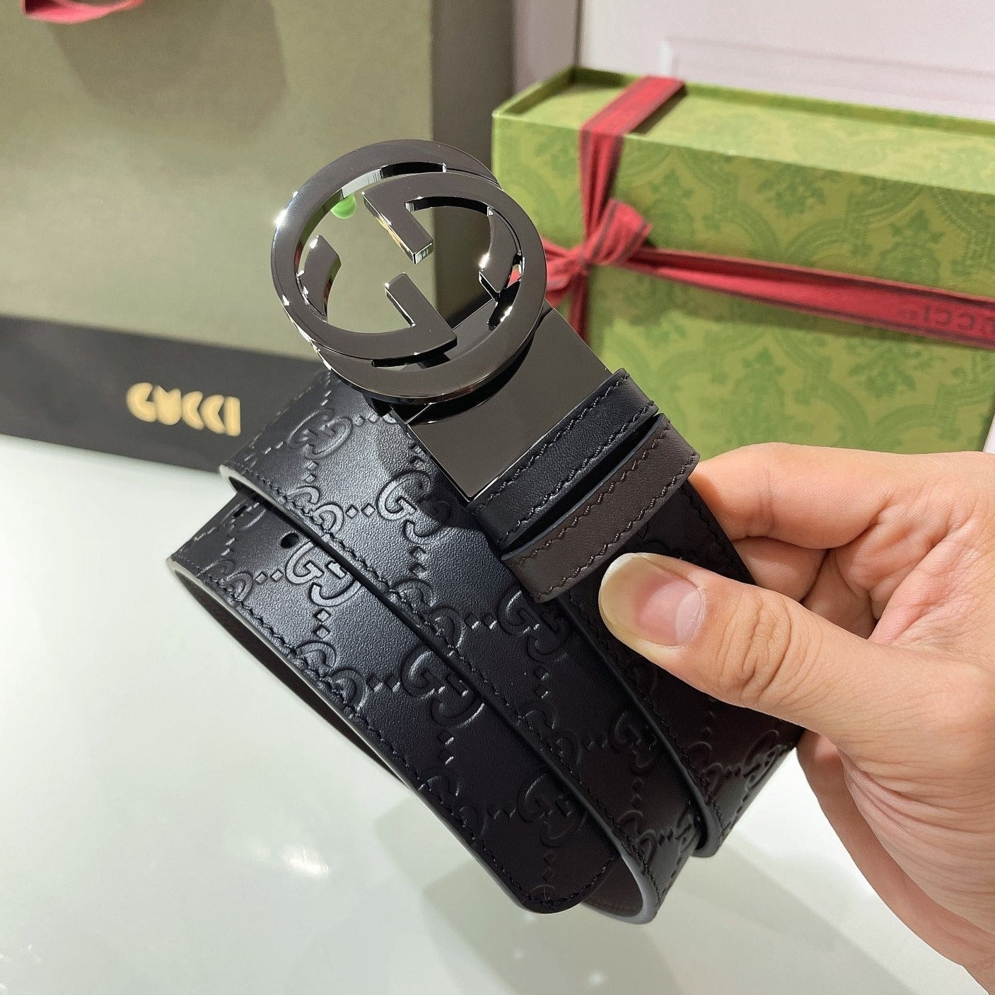 INTERLOCKING G GREY BUCKLE 37MM BLACK BROWN LEATHER