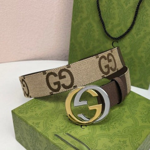 INTERLOCKING G GOLD GREY BUCKLE 40MM BEIGE CANVAS