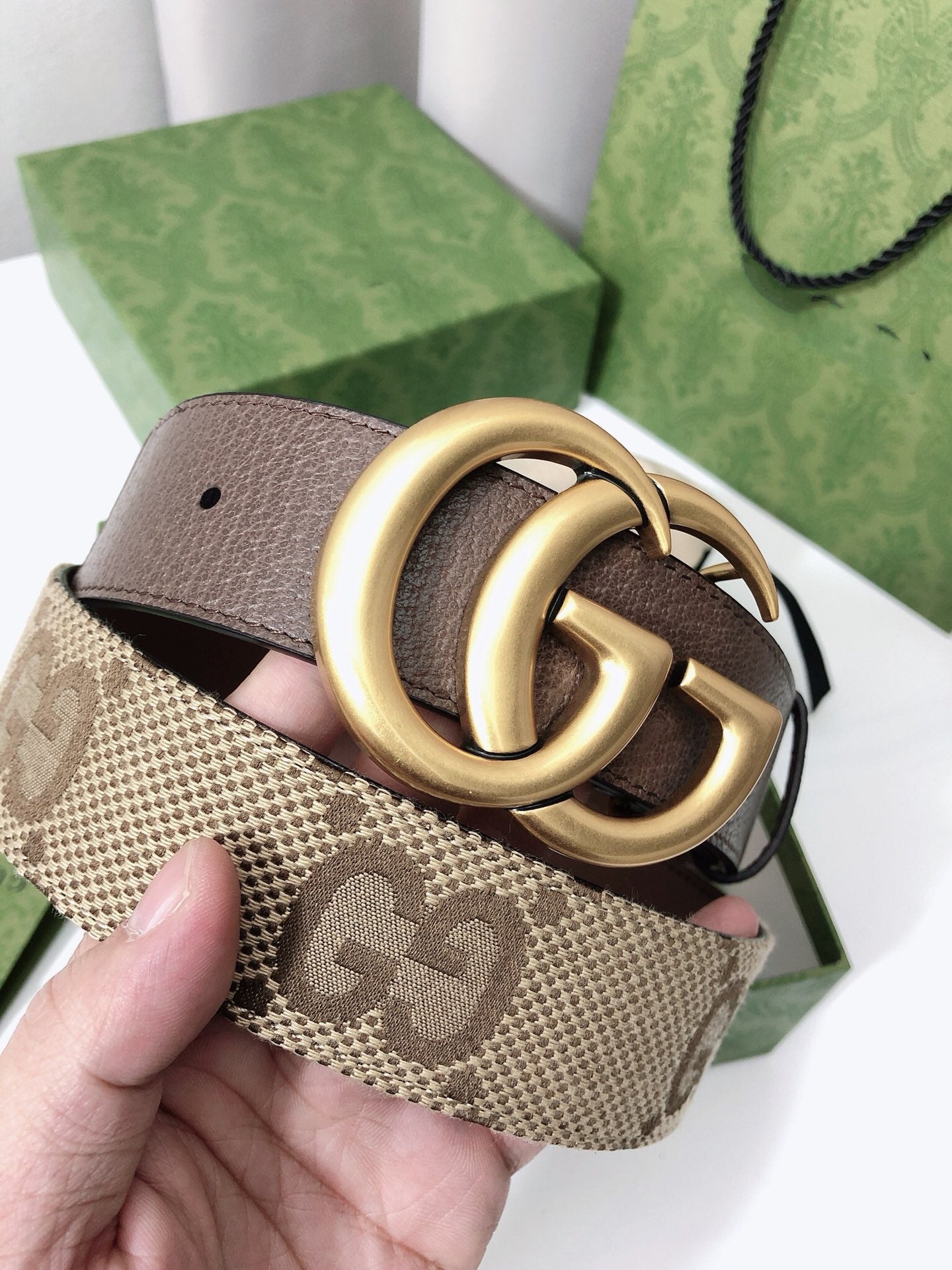 GG BELT 40MM GOLD BUCKLE BEIGE CANVAS