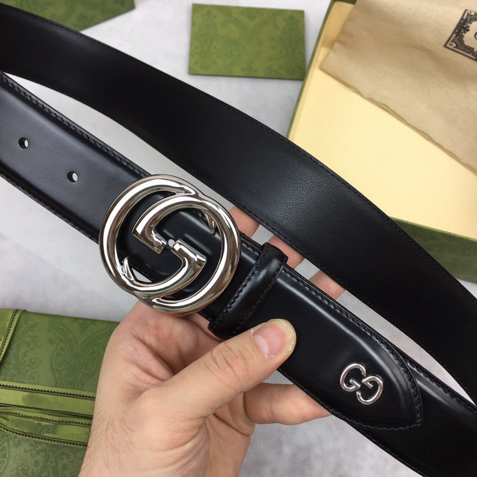 GC BELT SILVER BUCKLE BACK LEATHER 4.0CM