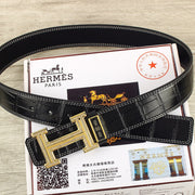 HM Original Belt 38mm Crocodile Embossed Black Pattern Gold Buckle Leather 620264