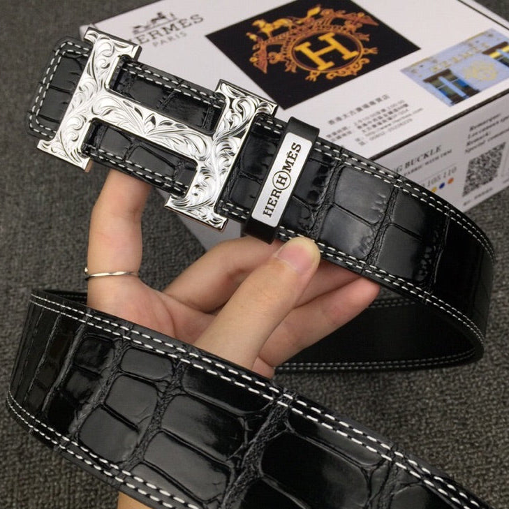 HM Belt 38mm Black Crocodile Leather Sliver Buckle 619362