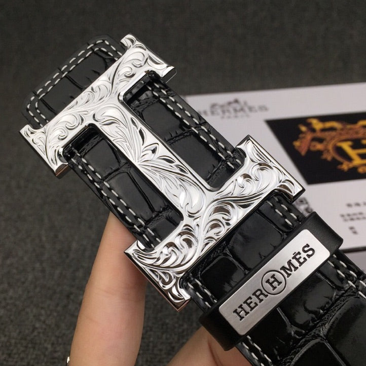 HM Belt 38mm Black Crocodile Leather Sliver Buckle 619362