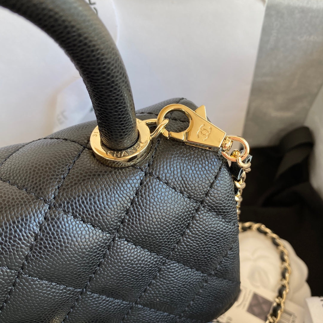 CC 24K Coco Hanle Mini 19cm Black Grained Calfskin Gold Hardware