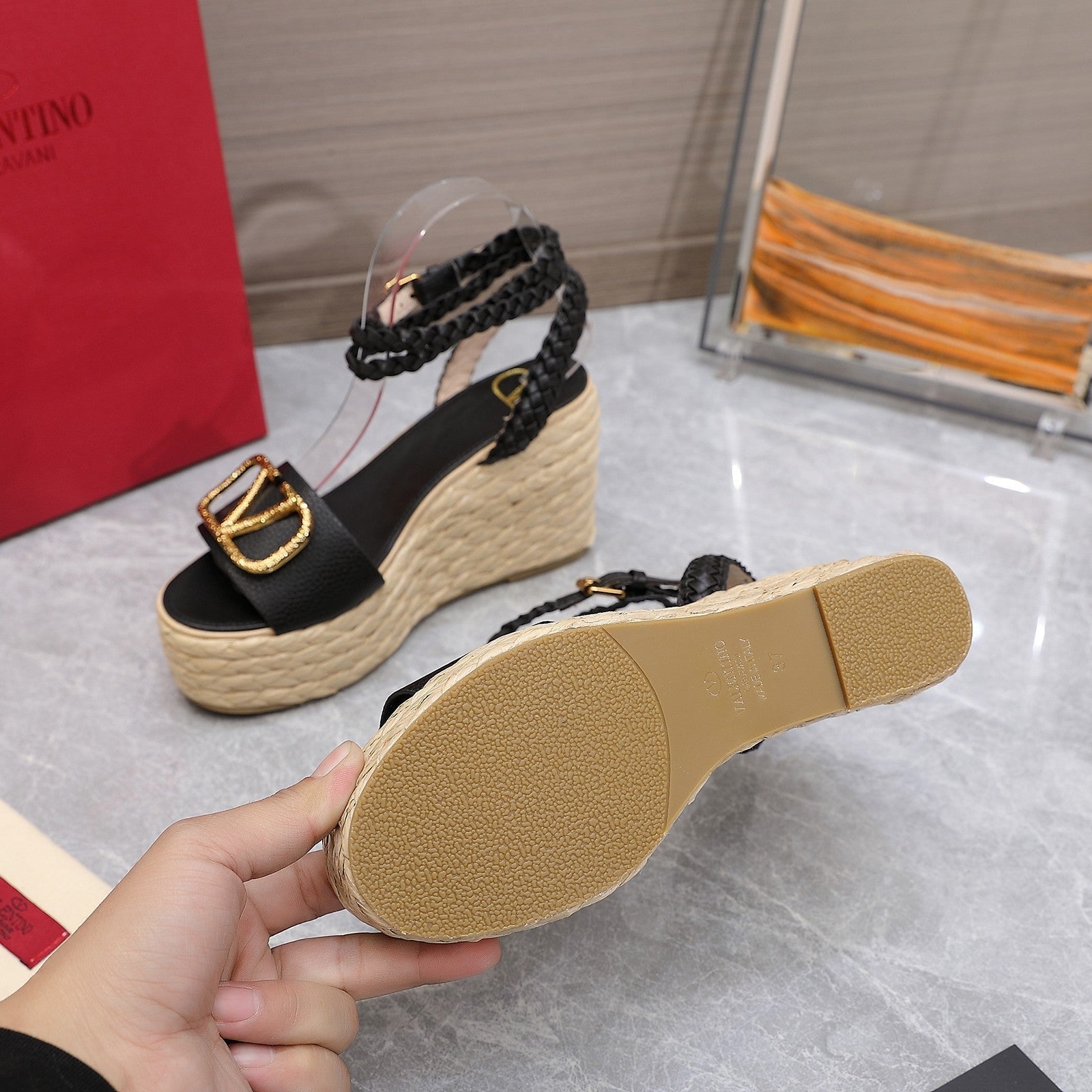 VT Wedge Platform Sandals Black Cowhide Espadrilles 363030