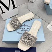 Prada 2026 Slippers Embroidery Canvas Sheepskin 731065