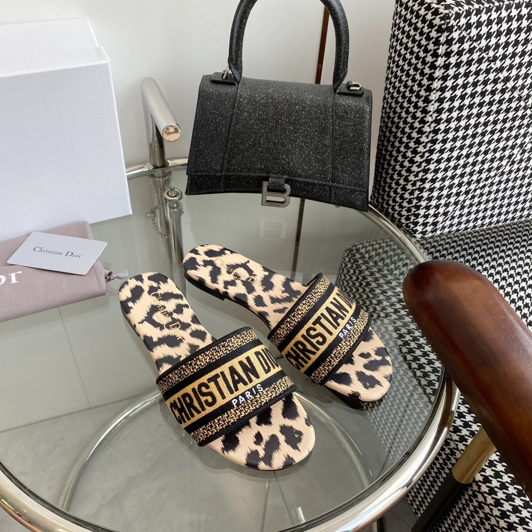 Dior 2026 Leopard Print Slipper Beige Black Cotton Cowhide 366219