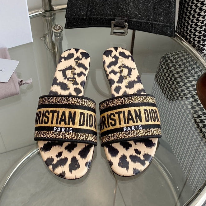 Dior 2026 Leopard Print Slipper Beige Black Cotton Cowhide 366219