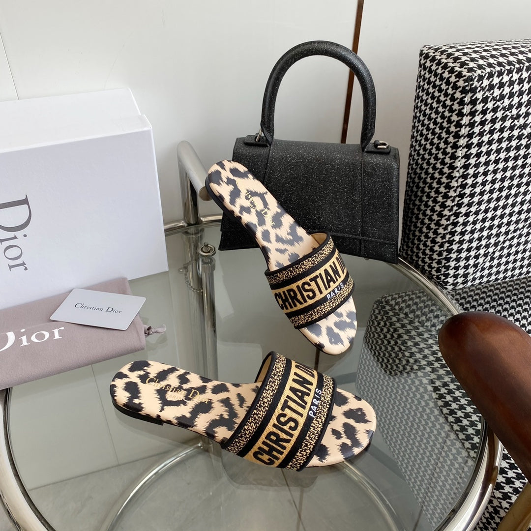 Dior 2026 Leopard Print Slipper Beige Black Cotton Cowhide 366219