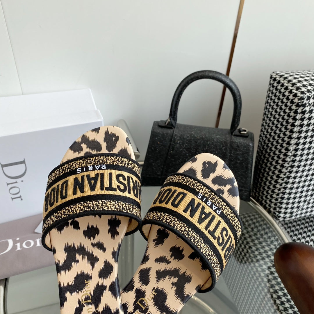 Dior 2026 Leopard Print Slipper Beige Black Cotton Cowhide 366219