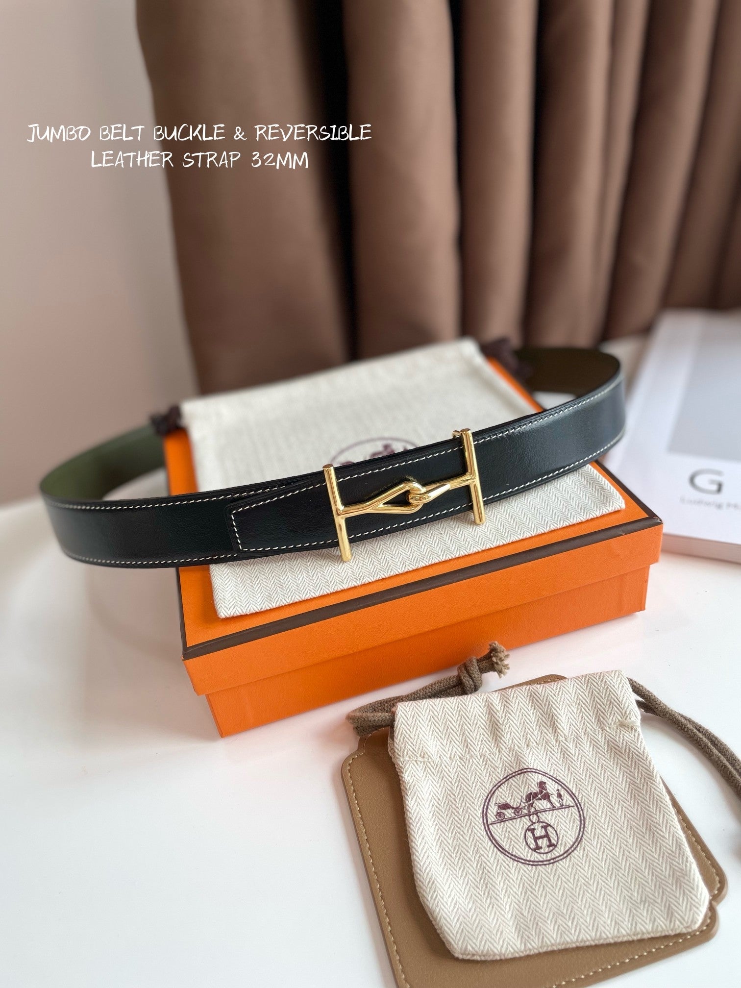 JUMBO BELT GOLD BUCKLE & REVERSIBLE OLIVE GREEN AND BLACK LEATHER STRAP 32MM