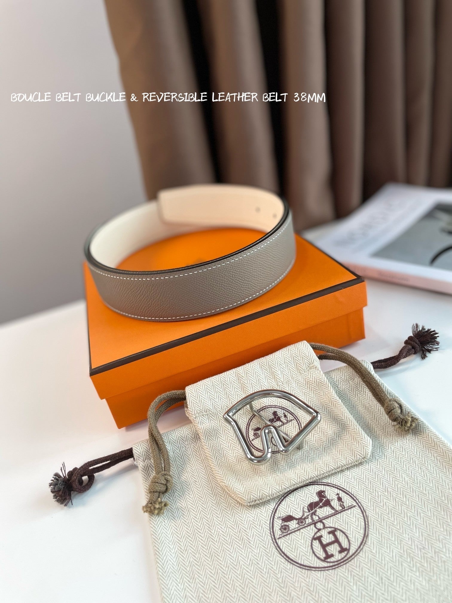 BOUCLE BELT BUCKLE & REVERSIBLE KHAKI BROWN AND WHITE LEATHER STRAP 38MM SILVER HARDWARE