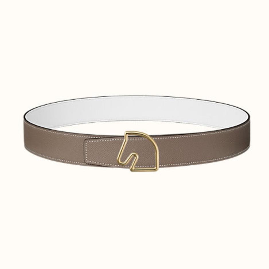 BOUCLE BELT BUCKLE & REVERSIBLE KHAKI BROWN AND WHITE LEATHER STRAP 38MM GOLD HARDWARE