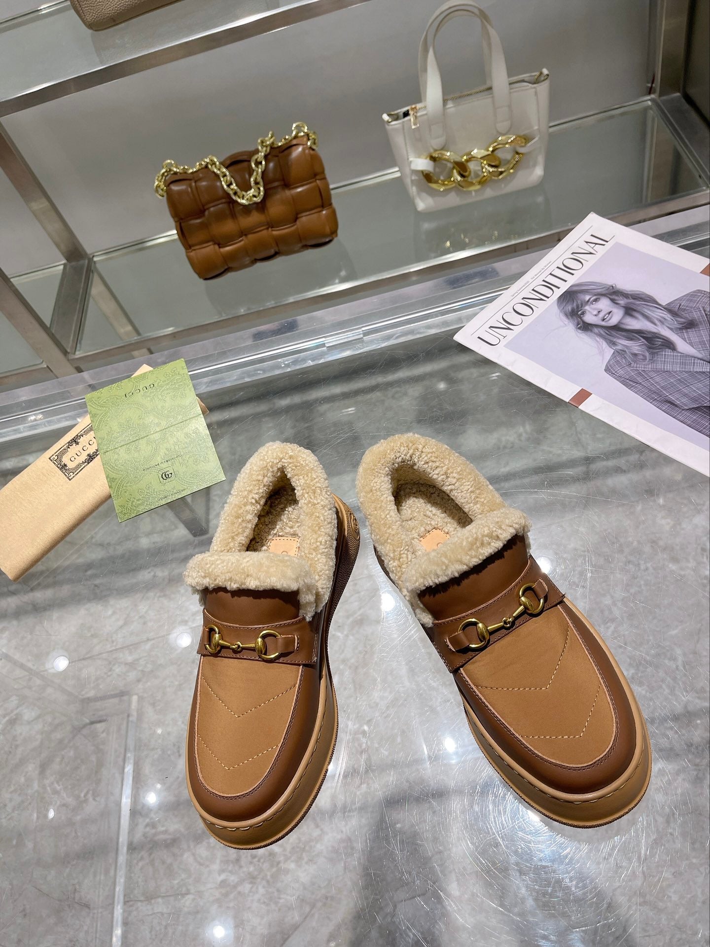 GG Snow Boots Brown Beige Calfskin Wool 576244