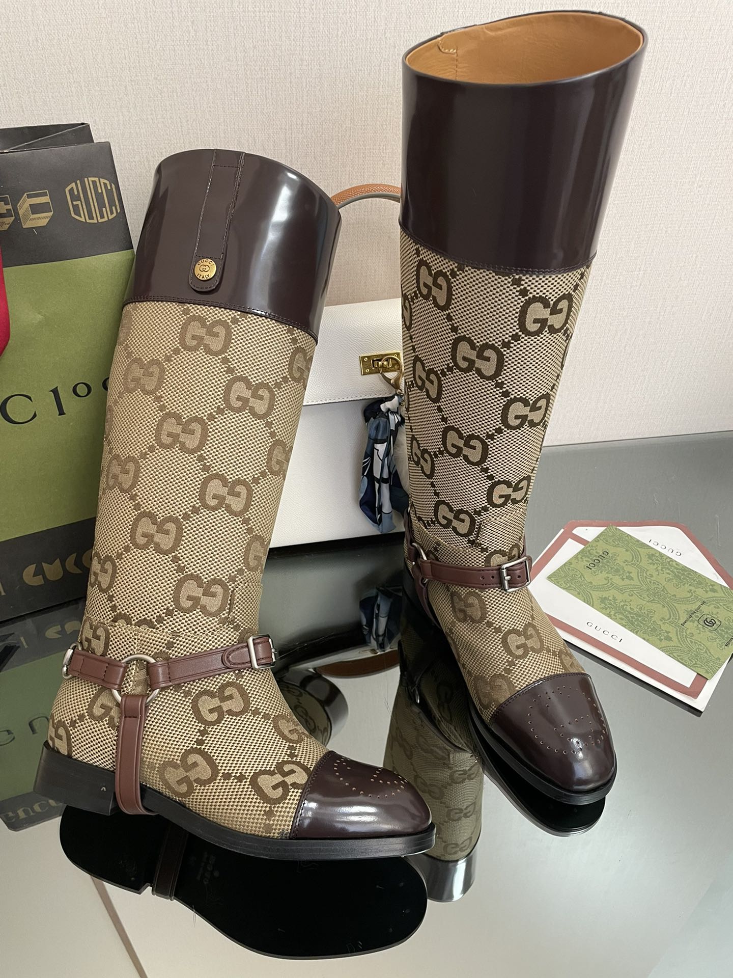 Gucci 2026 Boot Brown mix Beige Canvas Leather 911944