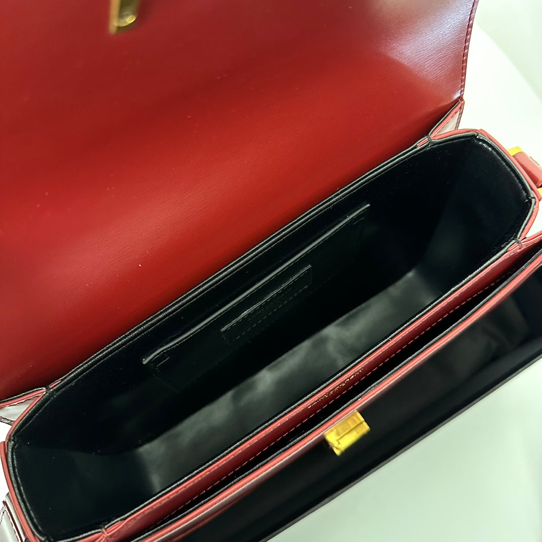 YSL Solferino Small Satchel Bag Burgundy Gold Calfskin 339457