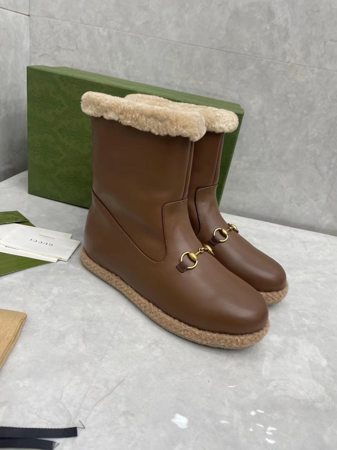 Gucci 2025 Boot Brown Beige Sheepskin Wool 564790