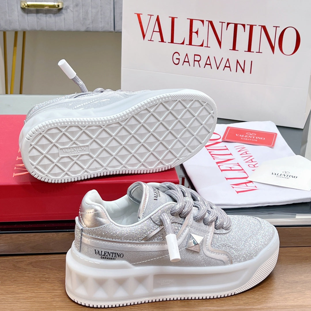 VT 2025 Garavani Sneakers Silver Leather Glitter Fabric 546991