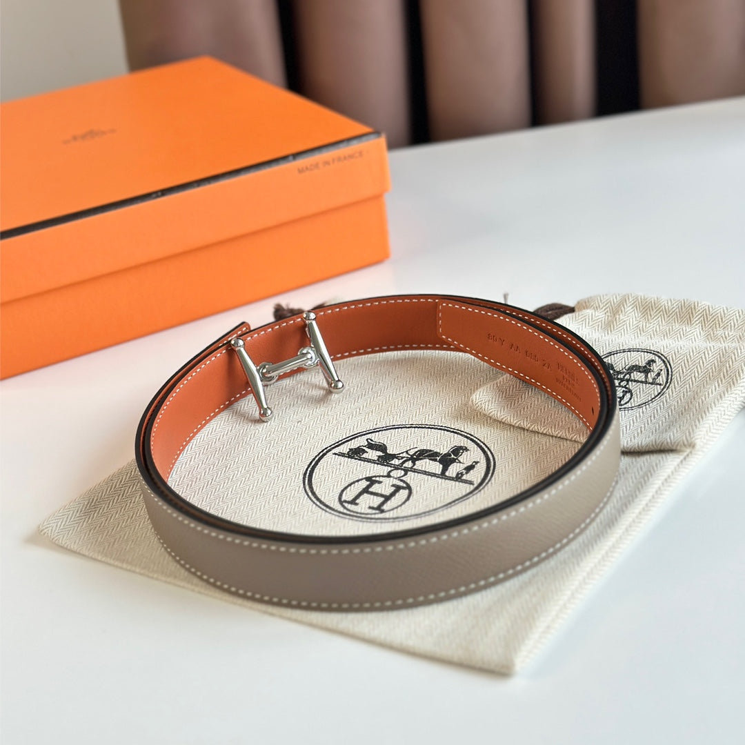 HM Silver Mors H buckle & Reversible 24 mm belt Orange Beige leather 125356