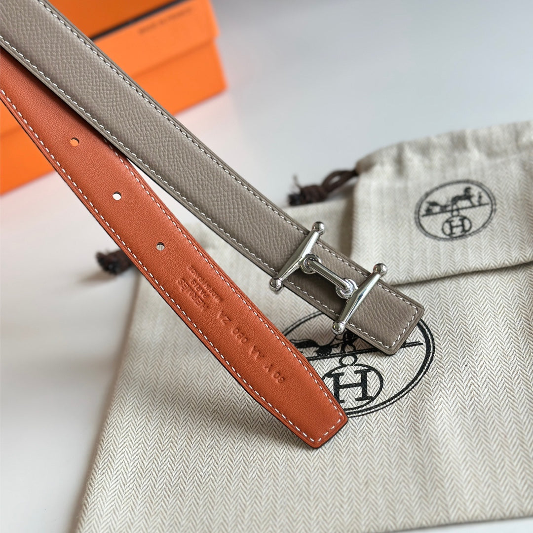 HM Silver Mors H buckle & Reversible 24 mm belt Orange Beige leather 125356