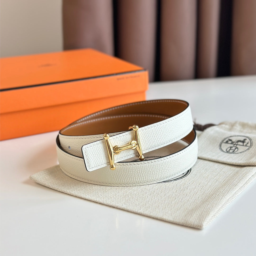 HM Gold Mors H buckle & Reversible 24 mm belt Brown White leather 125364
