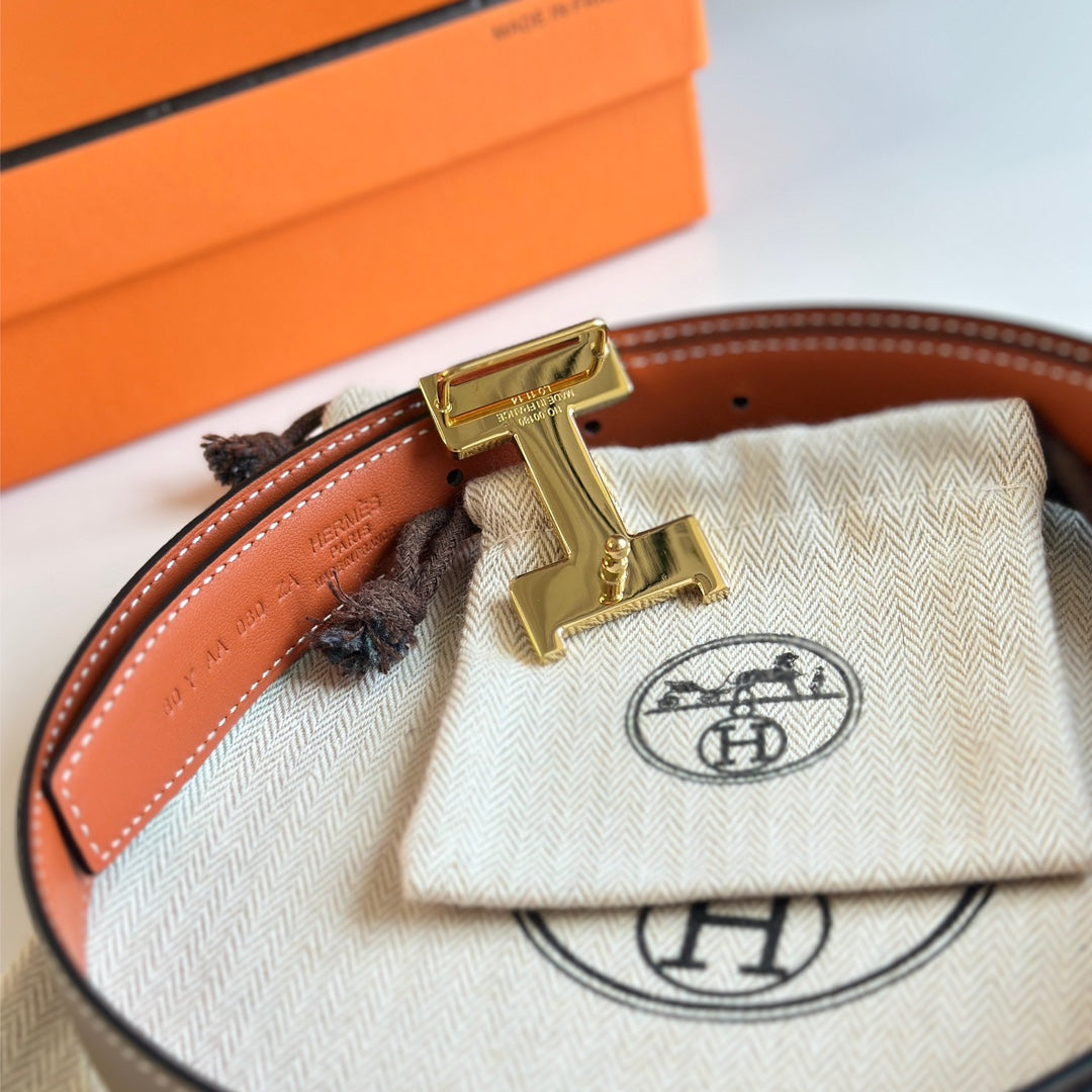 HM Gold Constance & Reverible Belt Brown Etoupe Leather 125371