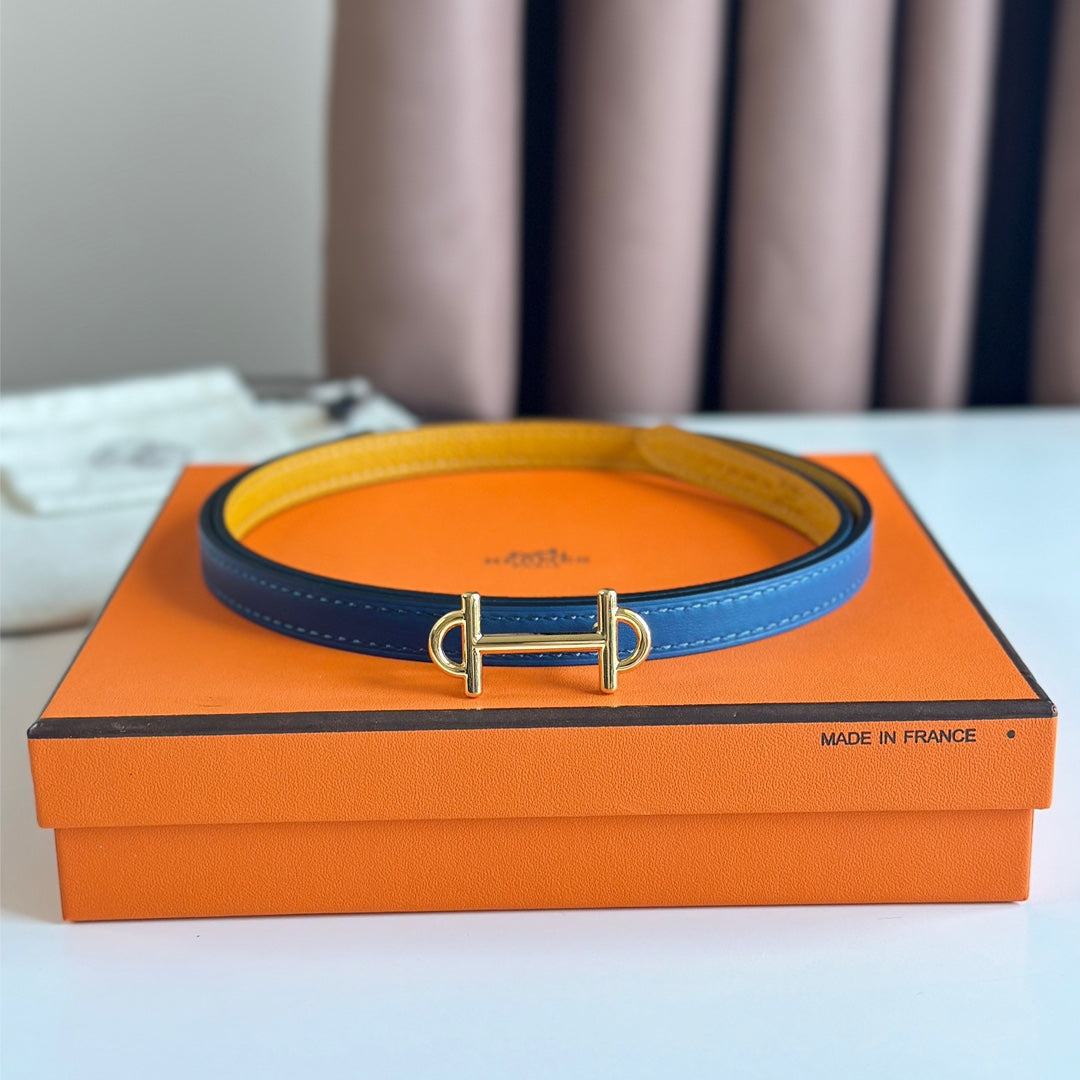 HM GAMMA BUCKLE & REVERSIBLE GOLDEN AND BLUE LEATHER STRAP 13MM GOLD HARDWARE