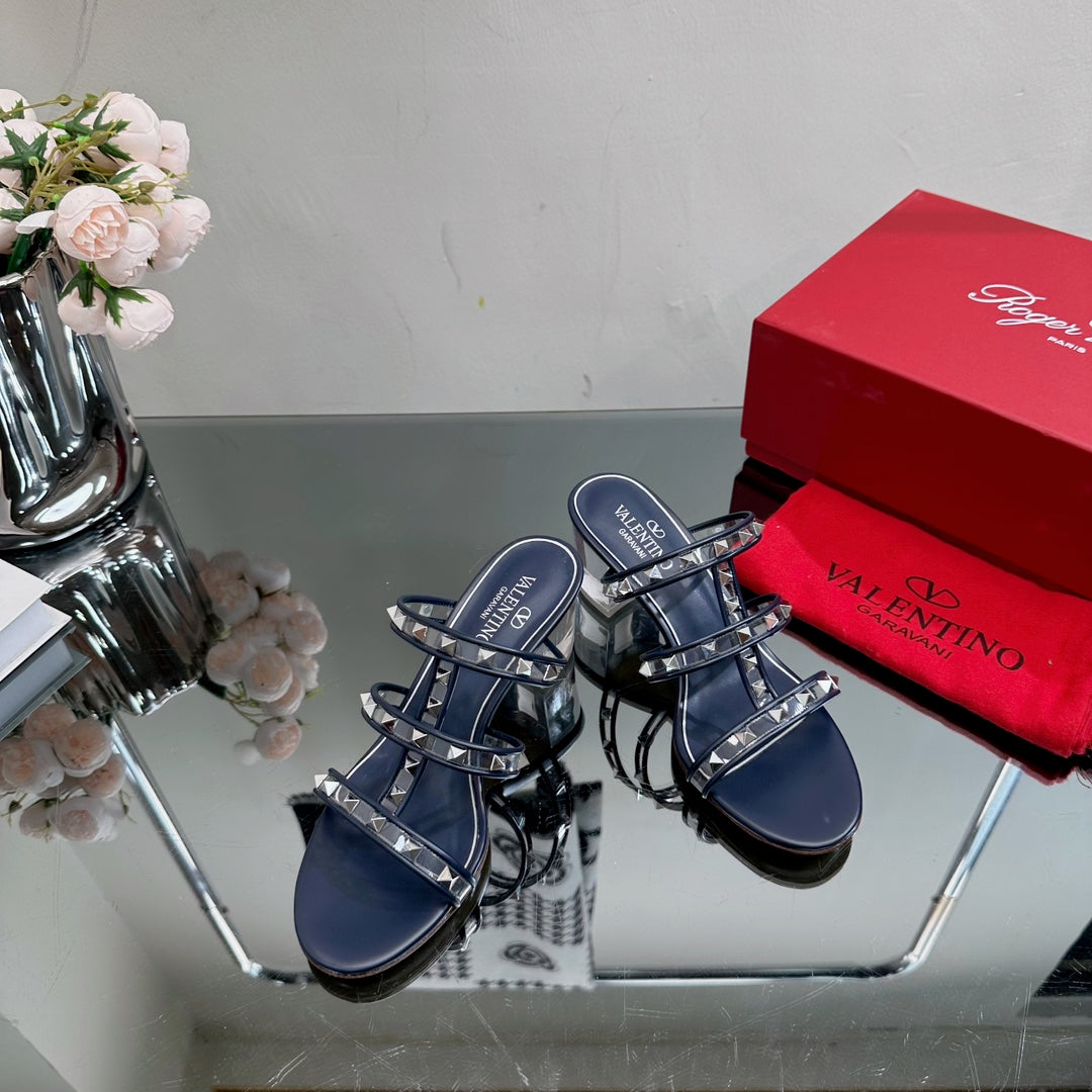 VT 25 Rockstud Sandals 65mm Navy Blue PVC Sheepskin