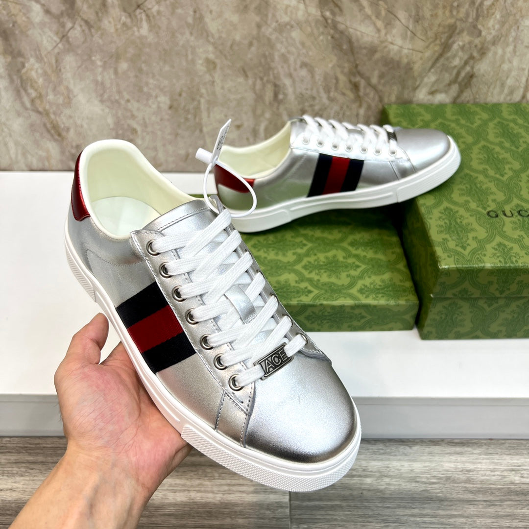 GG Men's ACE Sneaker Silver Calfskin 525953