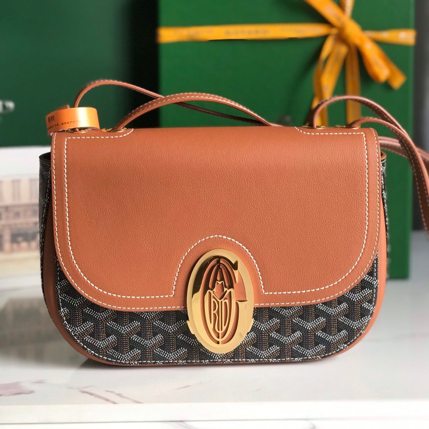 233 BAG 25 IN TAN CALFSKIN AND BLACK GOYARDINE CANVAS