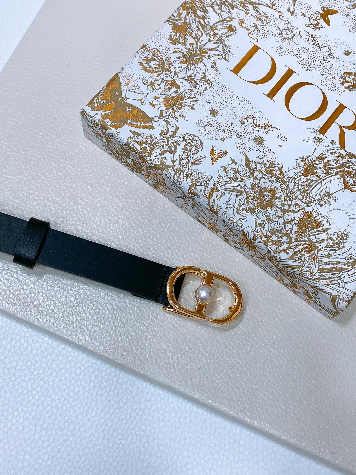 CD Montaigne Belt 20mm Black Calfskin Pearl Gold Buckle