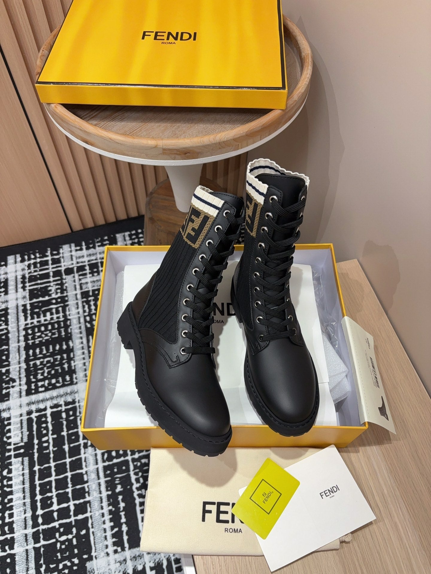 Fendi 2025 Rockoko Boot Black Cowhide Fabric 908546