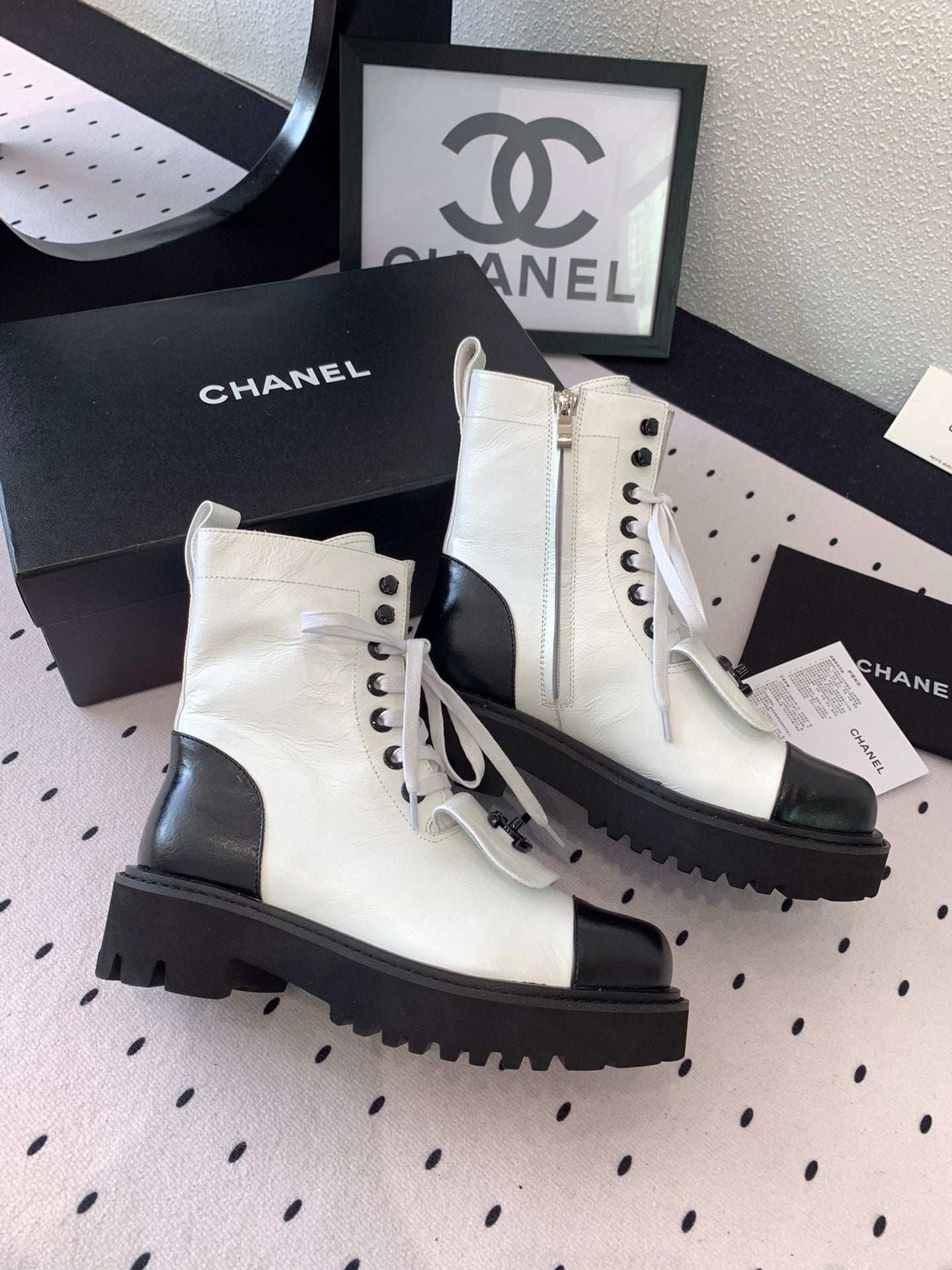 CC Short Boots In White Mix Black Logo Print Lambskin 938060