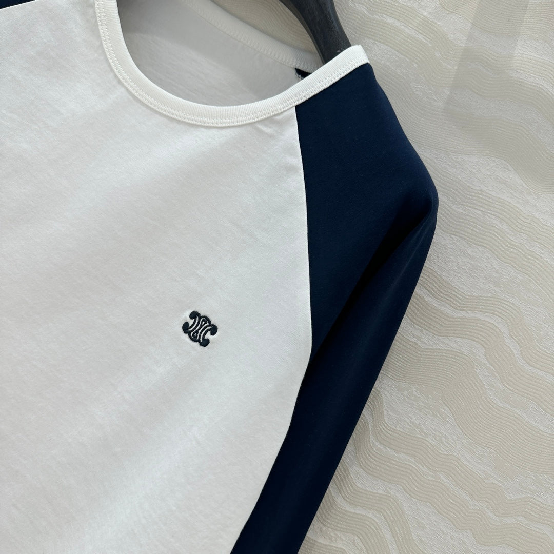 Celine Arc de Triomphe long-sleeved T-shirt Navy Blue mix White Cotton