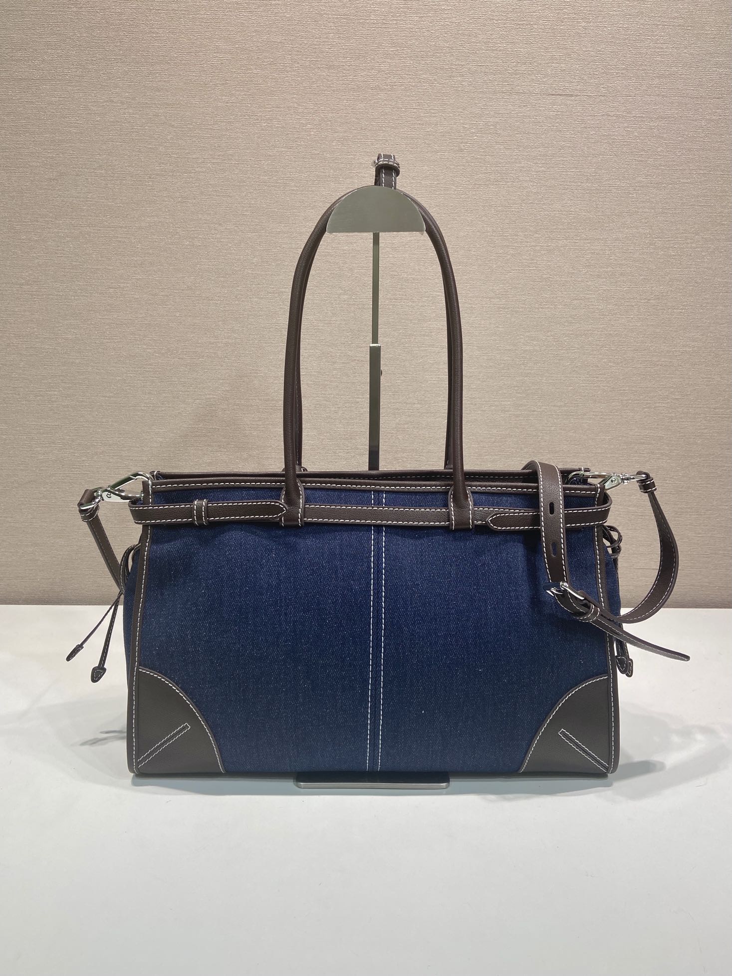 Prada 2026 Bonnie Bag 38cm Blue Brown Denim Leather 351797