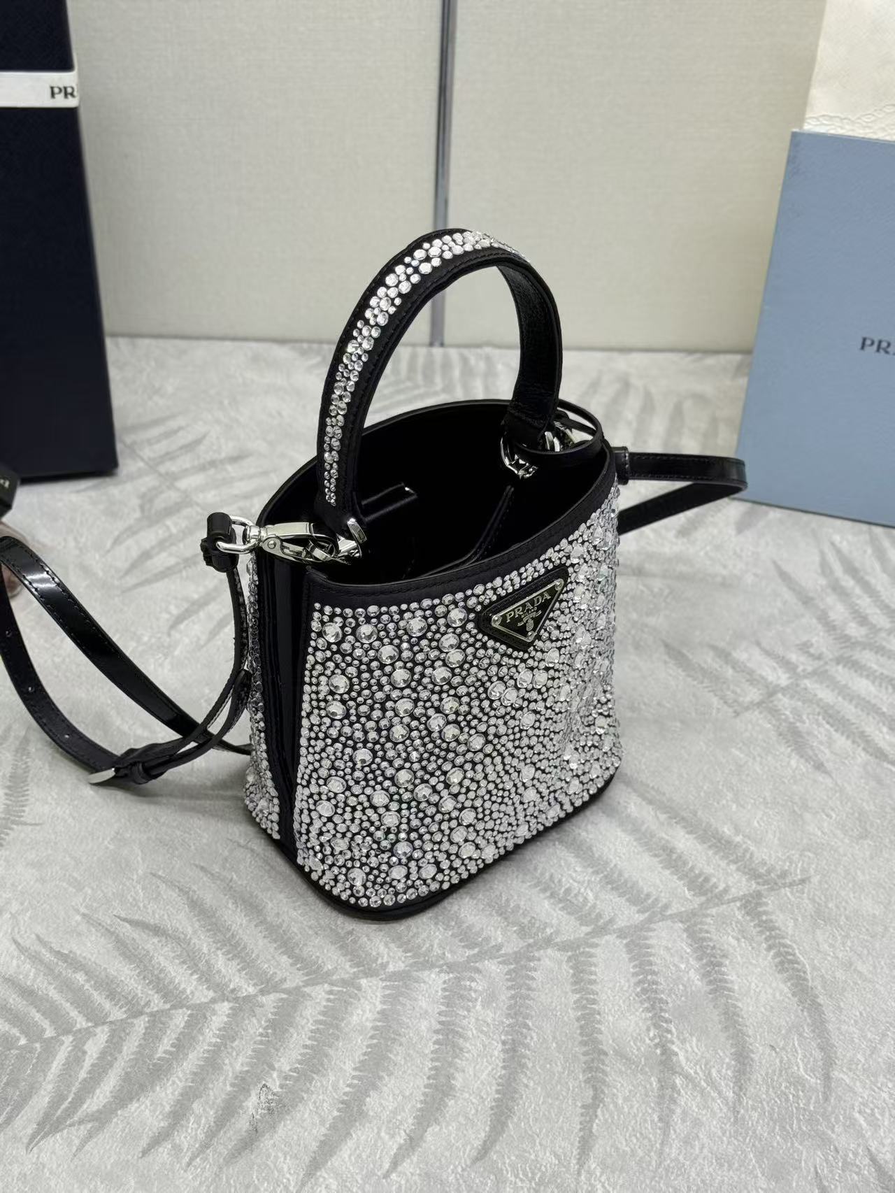 Prada Panier  Bag Black White Crystal-embellished Leather