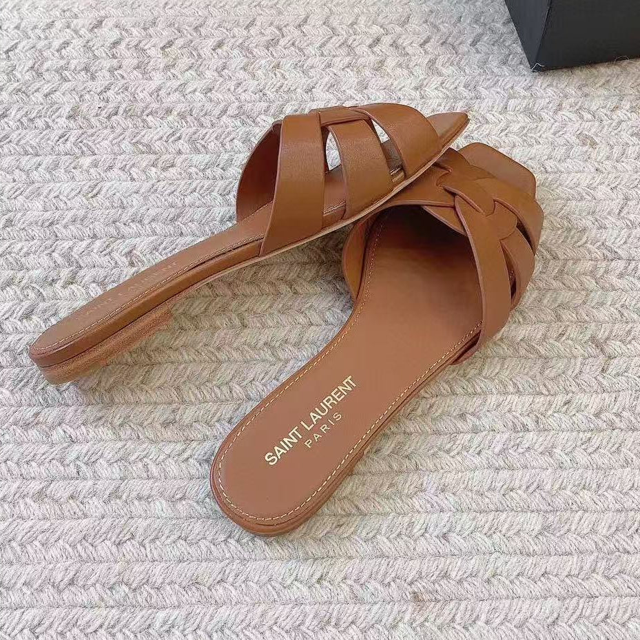 Saint Laurent Tribute Flat Sandals Brown Leather