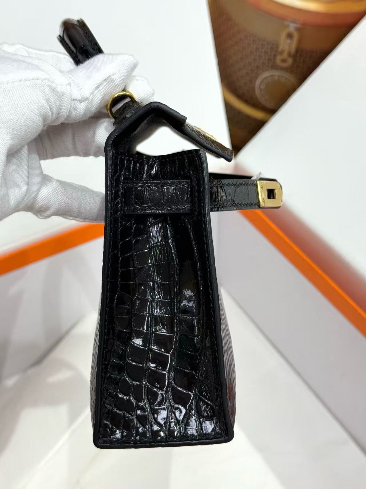 Hermès Kelly II Sellier Mini Black Shiny Crocodile Gold Hardware