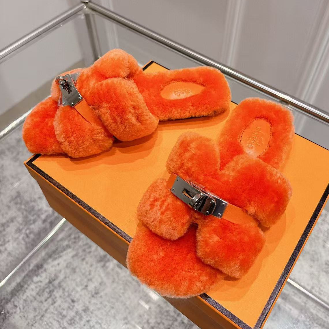 Hermes 2025 Oran Furry Slipper Orange Sheepskin Fur 422273
