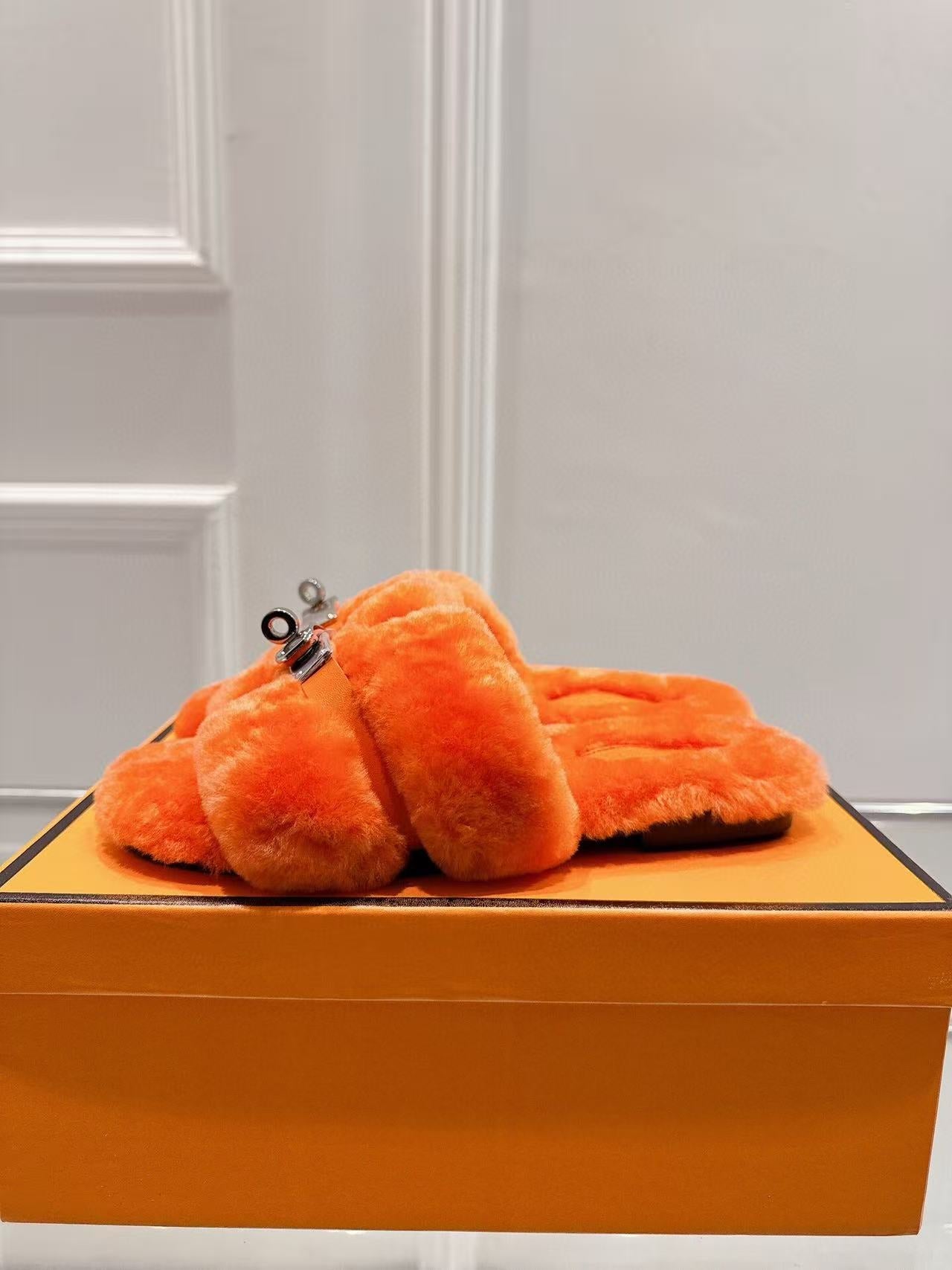 Hermes 2025 Oran Furry Slipper Orange Sheepskin Fur 422273