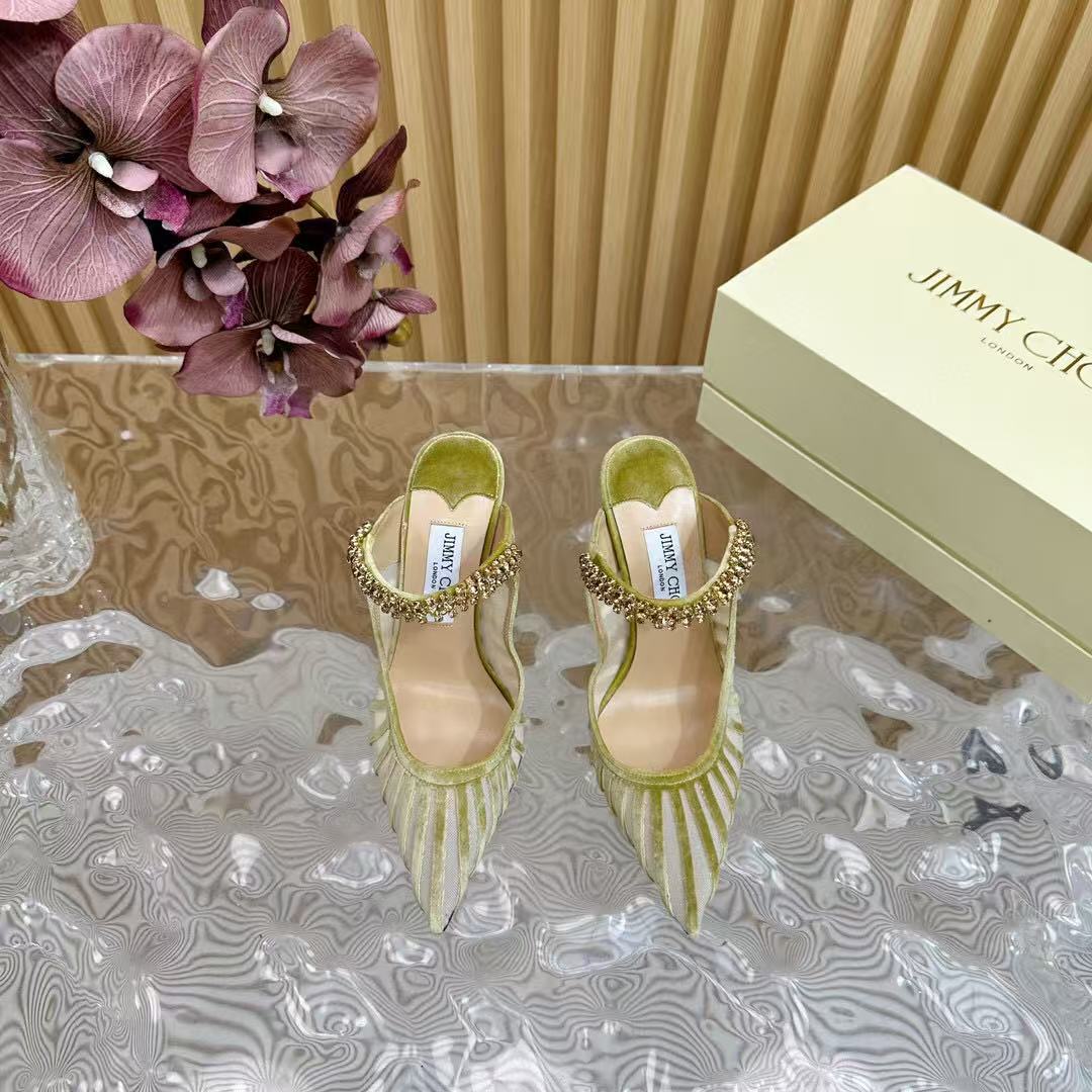 Jimmy Choo 2025 Flocked Velvet Striped Yellow Mesh Bing 100 Pumps With Crystals