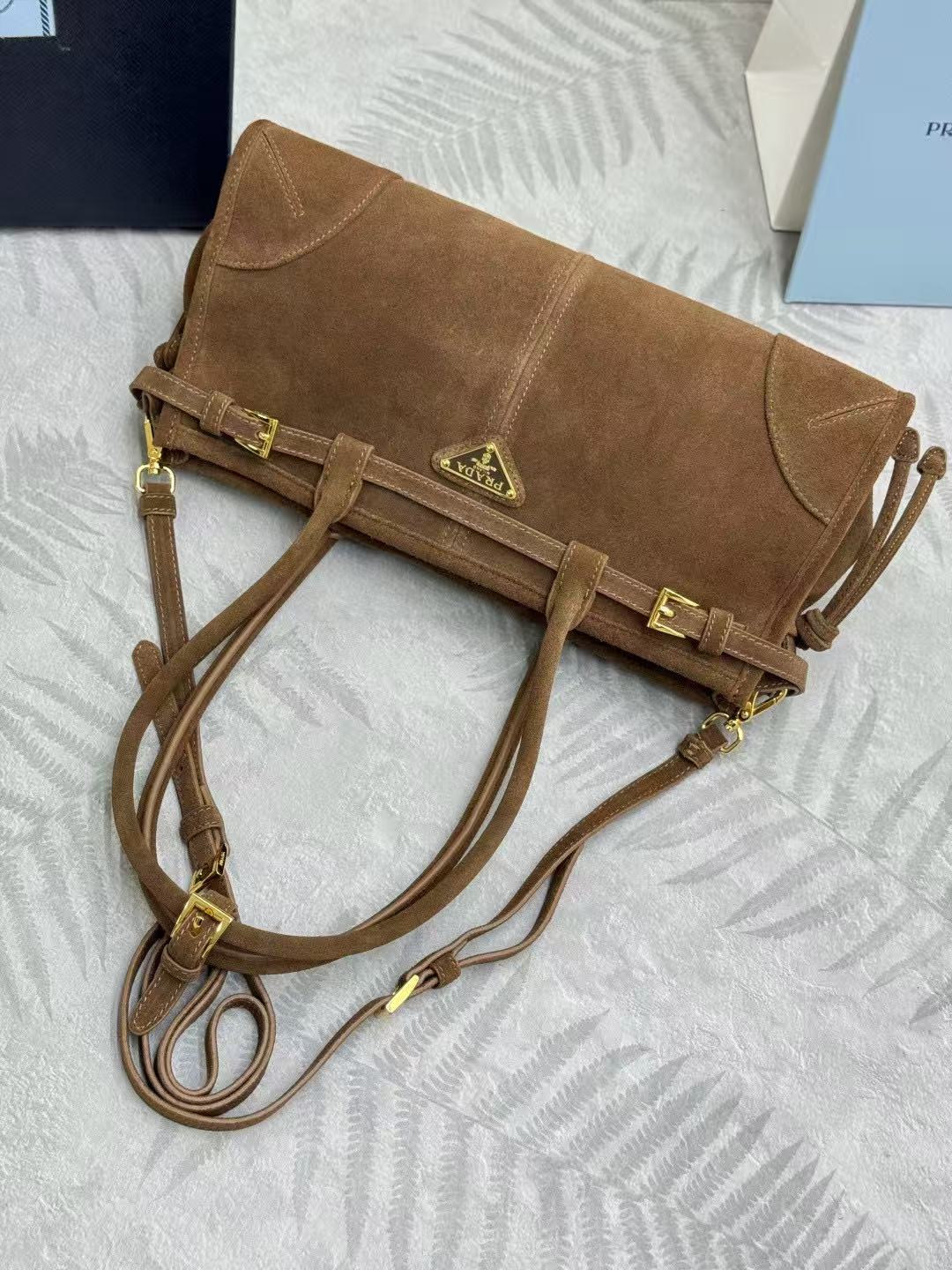 TOTE BAG WITH BELT 32 IN RUSSET BROWN SUEDE GOLD HARDWARE
