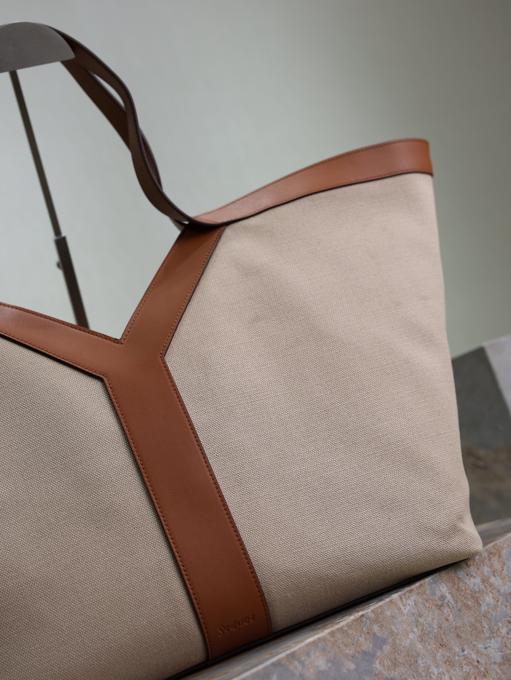 YSL 2025 Y Tote Bag 50cm Beige Brown Canvas Leather