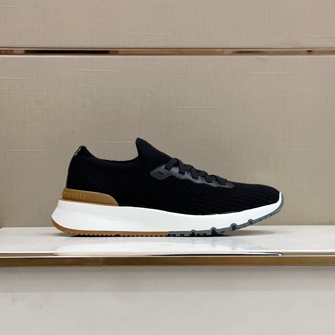 Brunello Cucinelli 2025 Low-top Knitted Sneakers Black Leather Fabric