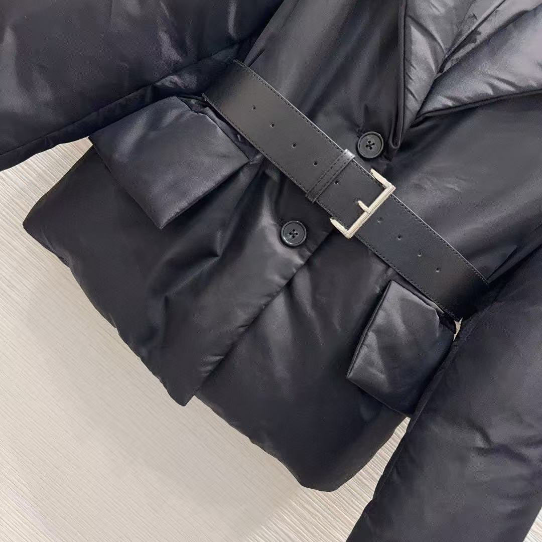 Prada 2025 Re-Nylon Down Jacket With Wide Lapels And A Belt