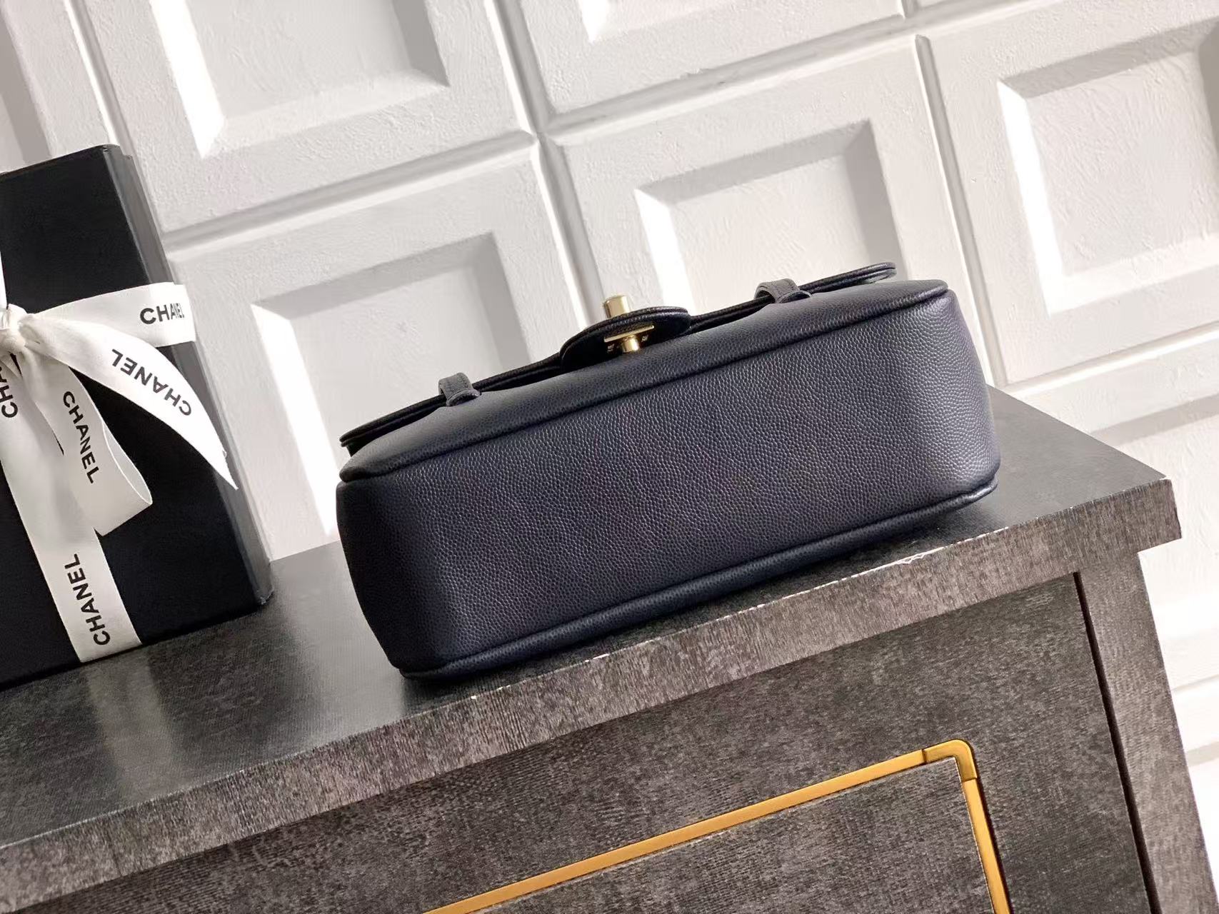 Chanel 2026 Bag 22cm Blue Grained Shiny Calfskin